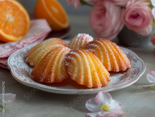 Sweet Delights Madeleines with Powdered Sugar and  Citrus Fruit photo