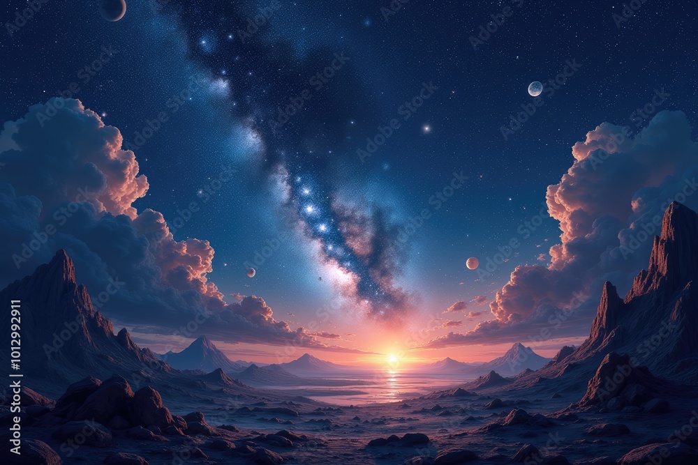 Alien landscape at sunset with galaxy view and rocky terrain, peaceful atmosphere Alien landscape at sunset with galaxy view and rocky terrain, peaceful atmosphere