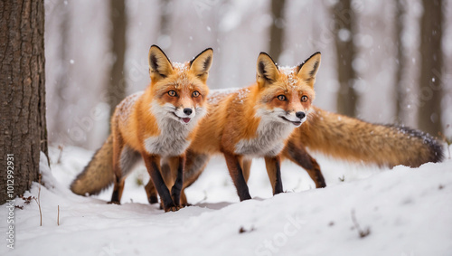 Pair of Red Foxes Playing in Snowy Field