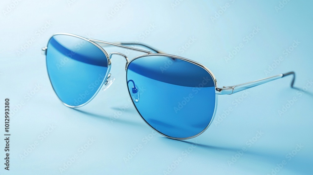 Stylish Blue Tinted Aviator Sunglasses Reflecting Sky on Minimalist Background Stylish Blue Tinted Aviator Sunglasses Reflecting Sky on Minimalist Background