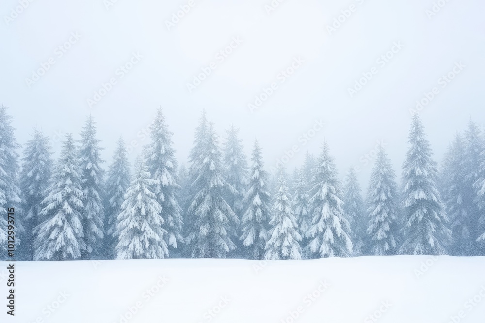 Mysterious winter forest with snow-laden evergreen trees and foggy atmosphere Mysterious winter forest with snow-laden evergreen trees and foggy atmosphere