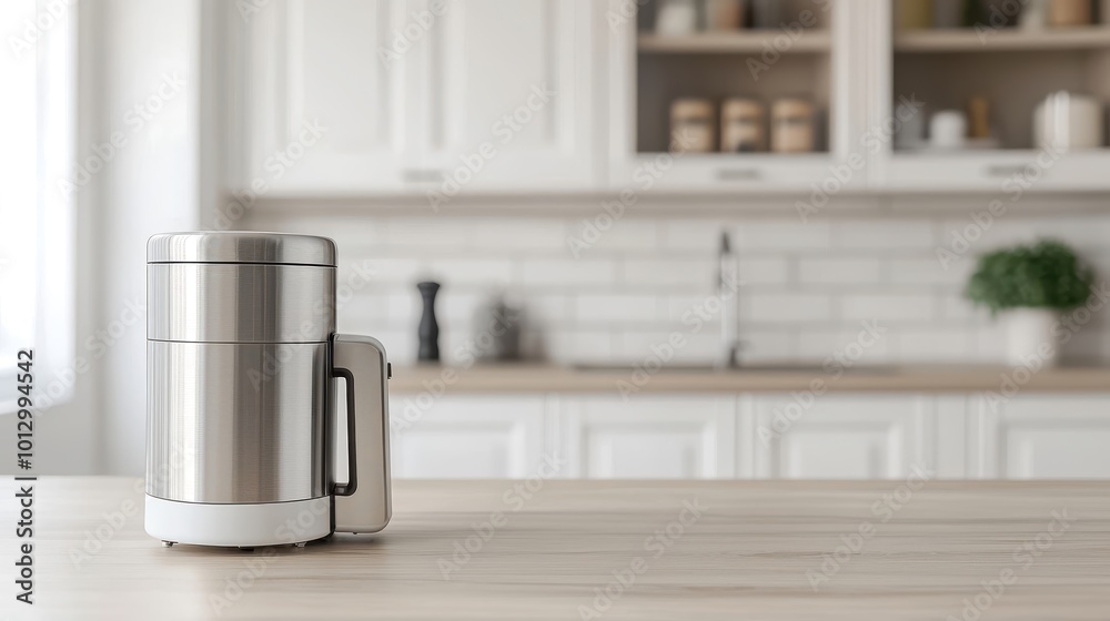Modern electric juicer with stainless steel accents, positioned in a stylish kitchen, copy space available for text, deep depth of field, Product photography with high resolution, studio lighting, Modern electric juicer with stainless steel accents, positioned in a stylish kitchen, copy space available for text, deep depth of field, Product photography with high resolution, studio lighting,