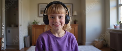 Young girl with headphones wearing purple sweater smiling in cozy home environment photo