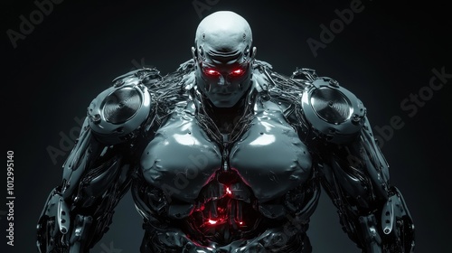 A powerful robotic humanoid with a bulky frame and red glowing core stands menacingly. This dark and dramatic scene evokes futuristic concepts, perfect for cyberpunk and science fiction artworks.. AI