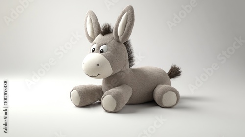 A cute, plush donkey toy sits on a white background.