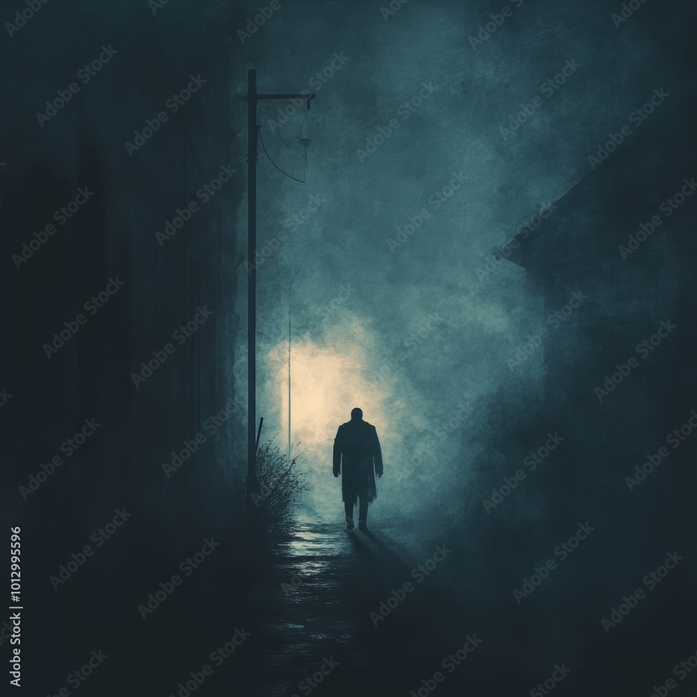 Mysterious Man Walking Alone in Foggy Alley at Night Mysterious Man Walking Alone in Foggy Alley at Night