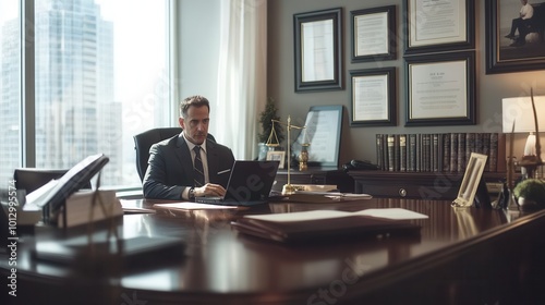 A lawyer is actively consulting with a client while working at a sleek desk in a contemporary office filled with legal documents. Generative AI