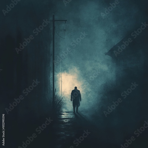 Mysterious Man Walking Alone in Foggy Alley at Night