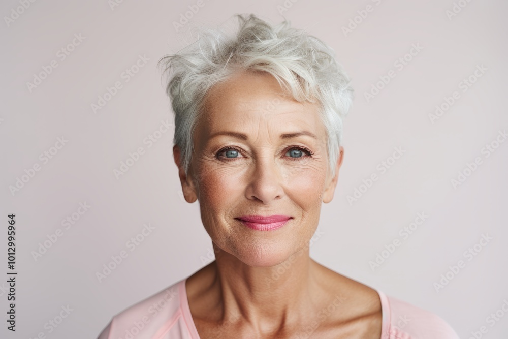 Portrait of beautiful senior woman with short white hair on grey background Portrait of beautiful senior woman with short white hair on grey background