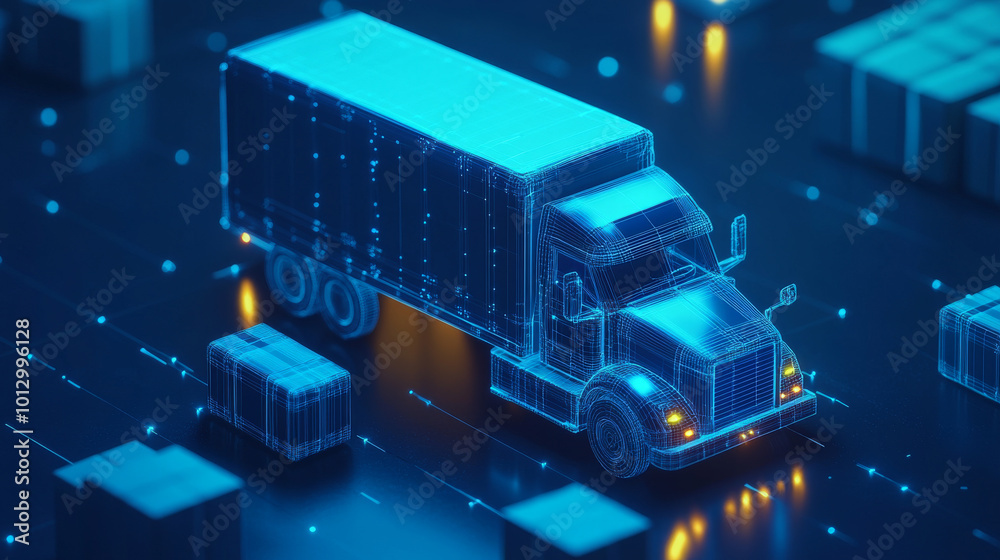 A blue truck with boxes, a phone,and a dark blue background show how online delivery services work.This image is a simple way to represent tracking packages or using a delivery app.low poly wireframe. A blue truck with boxes, a phone,and a dark blue background show how online delivery services work.This image is a simple way to represent tracking packages or using a delivery app.low poly wireframe.