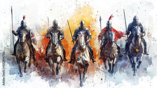 Knights in Armor Galloping Through a Colorful Battlefield