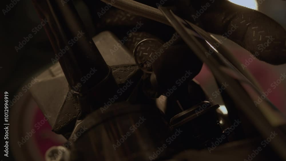 Rider in motorcycle gloves pulling key out of ignition. Ending of motorcycle testing session. Contemporary motorbike in darkened garage Rider in motorcycle gloves pulling key out of ignition. Ending of motorcycle testing session. Contemporary motorbike in darkened garage