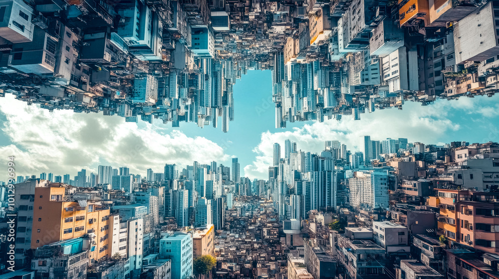 Obraz premium Cityscape mirroring upside down with blue sky and clouds