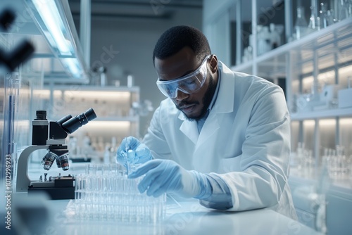 A scientist in a lab coat and protective gear meticulously manages test tubes while conducting experiments in a cutting-edge lab environment. Generative AI