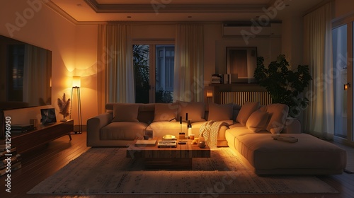 Cozy living room with a large sectional sofa, a wooden coffee table, and soft ambient lighting creating a peaceful vibe