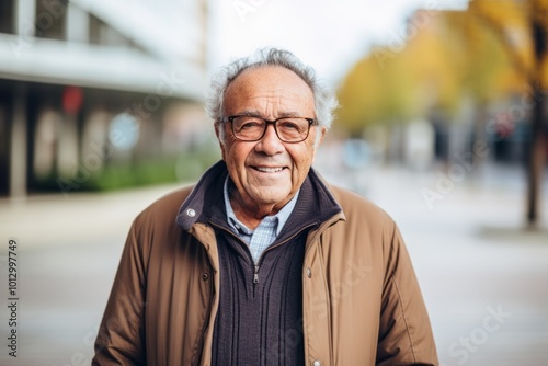 Portrait of a smiling senior man with eyeglasses in the city