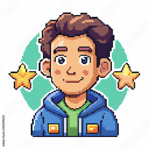 Pixel Art Character with Stars in Casual Hoodie Retro Style Avatar