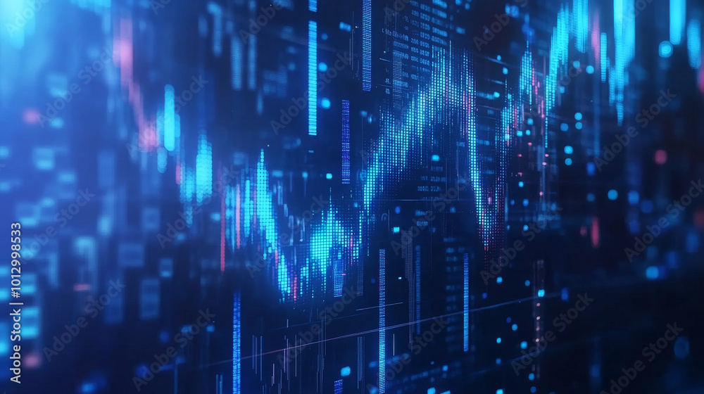 A futuristic hologram shows a rising graph on a blue background. This digital image represents the growth of investments in the stock market.low poly wireframe. A futuristic hologram shows a rising graph on a blue background. This digital image represents the growth of investments in the stock market.low poly wireframe.