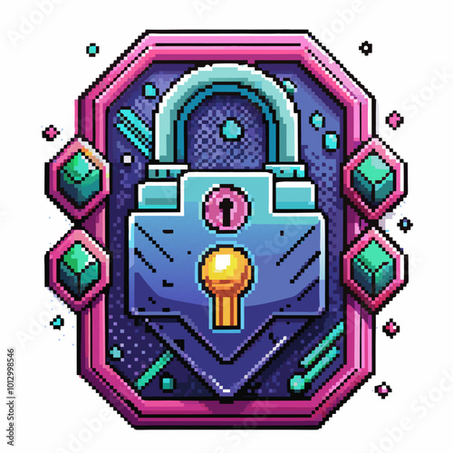 Retro Pixel Art Padlock with Gems in Vibrant Colors