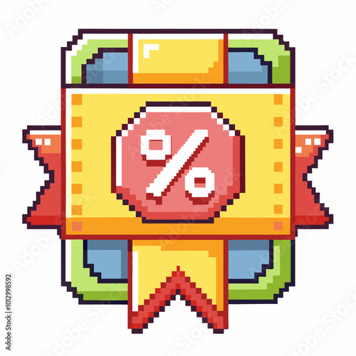 Colorful Pixel Art Discount Badge with Ribbon and Percent Symbol