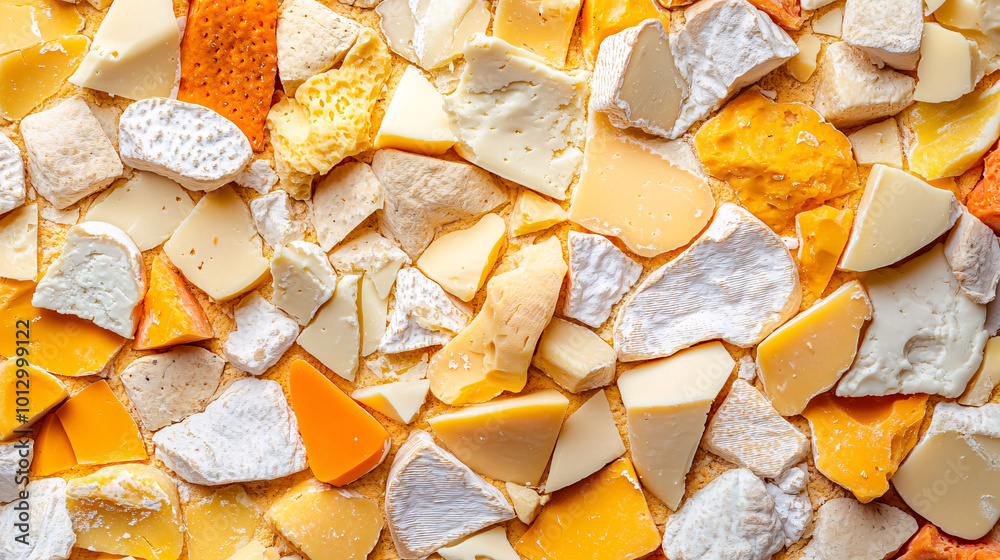 Delight in vibrant assortment of various cheese pieces, showcasing colorful mosaic of textures and flavors. This captures essence of gourmet cheese, perfect for culinary inspiration Delight in vibrant assortment of various cheese pieces, showcasing colorful mosaic of textures and flavors. This captures essence of gourmet cheese, perfect for culinary inspiration