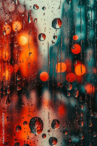 Rain Drops on a Window with Out-of-Focus City Lights