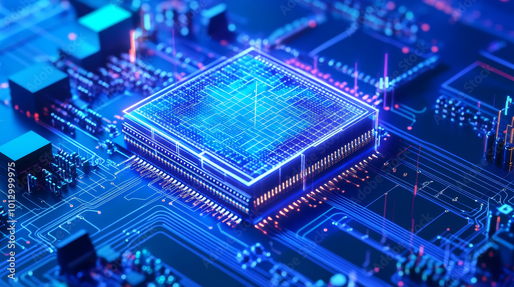 A blue, digital image shows a computer chip and stock market charts. The design suggests the connection between artificial intelligence and the stock market.low poly wireframe. A blue, digital image shows a computer chip and stock market charts. The design suggests the connection between artificial intelligence and the stock market.low poly wireframe.