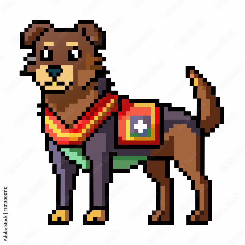 Fototapeta premium Pixel Art Dog in Colorful Outfit with Backpack Retro Game Style Illustration