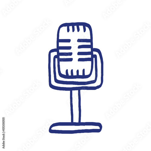 Microphone sketch. Podcast or music item. Hand drawn vector icon. Blue pen or marker drawing. Primitive kids picture