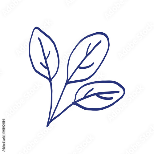 Spinach herbs. Vegetable sketch. Hand drawn blue pen or marker drawing. Primitive kids picture