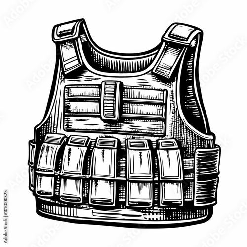 Detailed Black and White Tactical Vest Vector Illustration