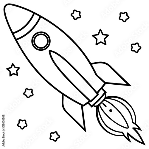 rocket and galaxy outline coloring book page line art drawing