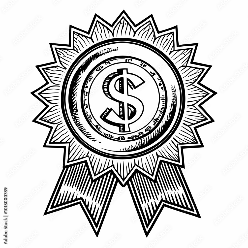 Hand Drawn Dollar Symbol Medal with Ribbon for Financial Achievement Hand Drawn Dollar Symbol Medal with Ribbon for Financial Achievement