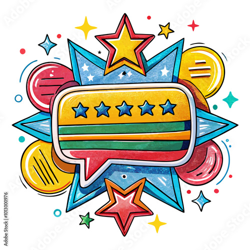 Colorful Starburst Speech Bubble with Rating Stars Vector Illustration