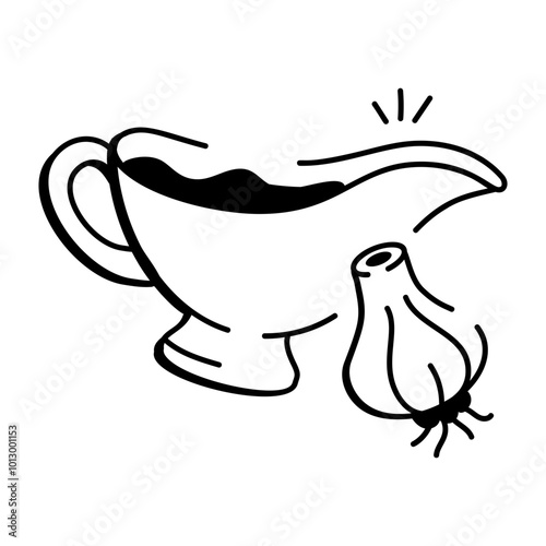 Doodle icon of a gravy boat filled with garlic sauce and a garlic clove

