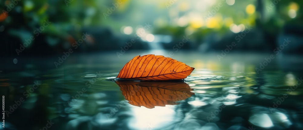 A serene scene featuring an orange leaf floating on calm water, framed by lush greenery and soft, diffused light. A serene scene featuring an orange leaf floating on calm water, framed by lush greenery and soft, diffused light.