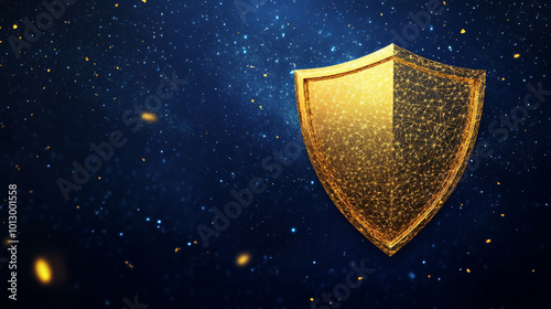A shimmering golden shield stands out against a dark blue background,symbolizing protection and security.The design uses a modern, 3D style with a starry sky made of gold polygons.low poly wireframe.