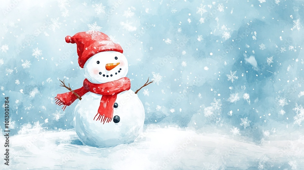 A snowman wearing a red hat and a red scarf.