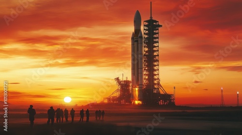 A large rocket stands tall on a launchpad as the sun sets in the background photo