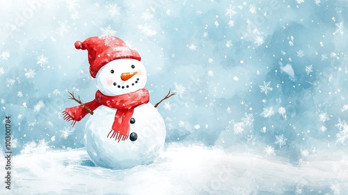 A snowman wearing a red hat and a red scarf.