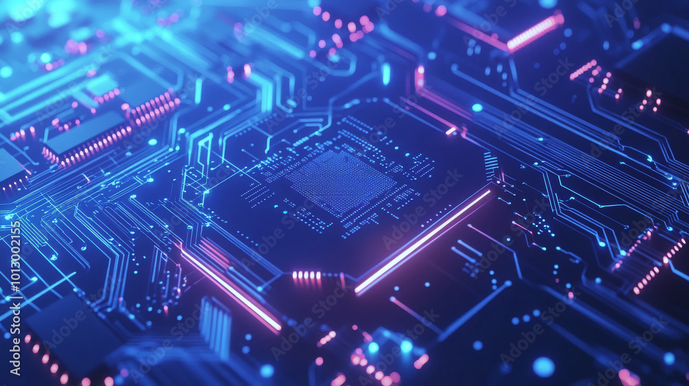A bright blue AI chip with tiny lines connecting its circuits, set against a futuristic tech background. There's room for text and the design is abstract and digital.low poly wireframe. A bright blue AI chip with tiny lines connecting its circuits, set against a futuristic tech background. There's room for text and the design is abstract and digital.low poly wireframe.