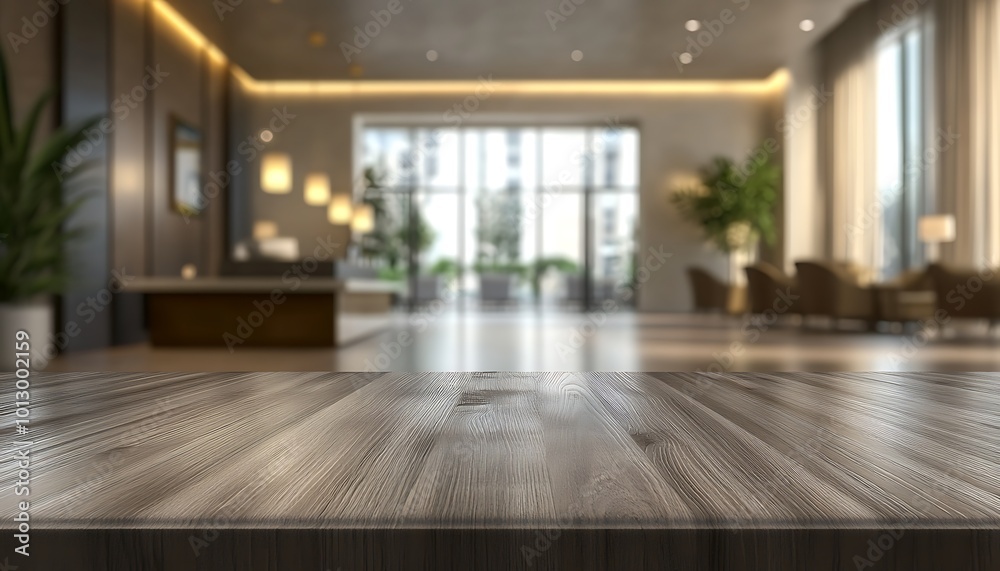 Fototapeta premium Empty Wooden Table in a Modern Lobby