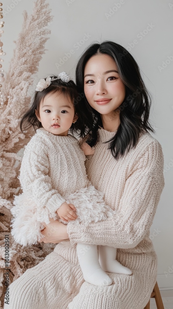 A woman holding a baby in front of a christmas tree A woman holding a baby in front of a christmas tree