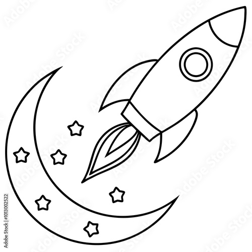 rocket flies to the moon outline coloring book page line art drawing