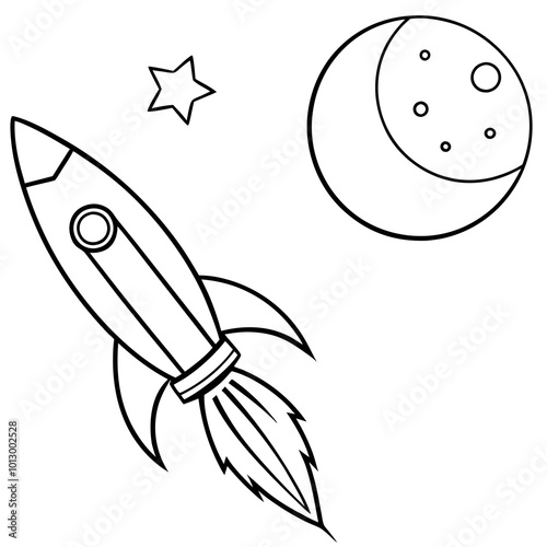 rocket flies to the moon outline coloring book page line art drawing