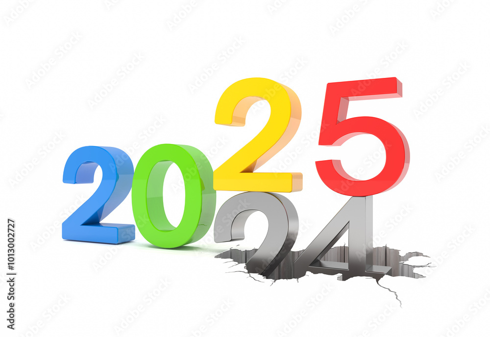3d render of the numbers 2025 and 24 in colorful over white background. The number 25 falls on the number 24 and breaks in it in the ground. - Vacation concept. 3d render of the numbers 2025 and 24 in colorful over white background. The number 25 falls on the number 24 and breaks in it in the ground. - Vacation concept.