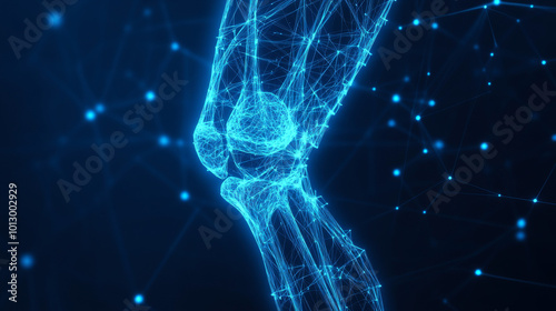 A blue background shows a 3D model of a knee joint made of triangles. This represents how technology is changing medicine, especially with new ways to visualize the human body.low poly wireframe.