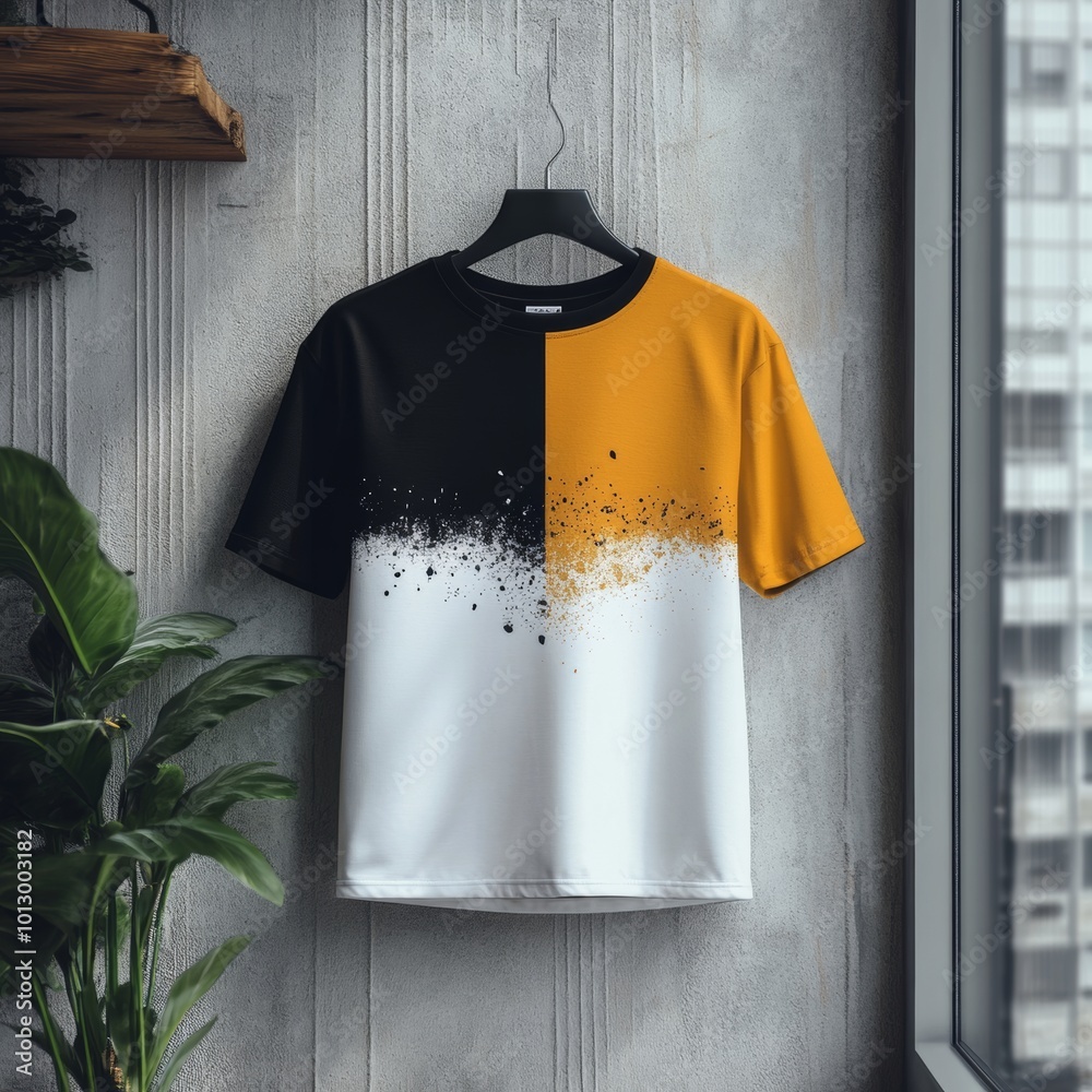 Black White and Yellow T shirt Mockup Hanging on a Wall Black White and Yellow T shirt Mockup Hanging on a Wall