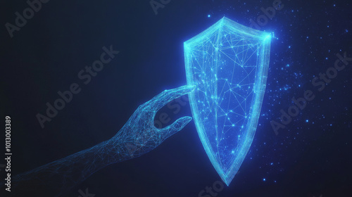 A hand reaches out to touch a protective shield, glowing with starry blue light. This abstract design represents the idea of personal security and protection.low poly wireframe.