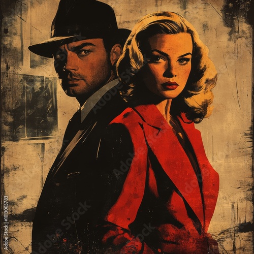Retro Noir Couple in Vintage Style Illustration